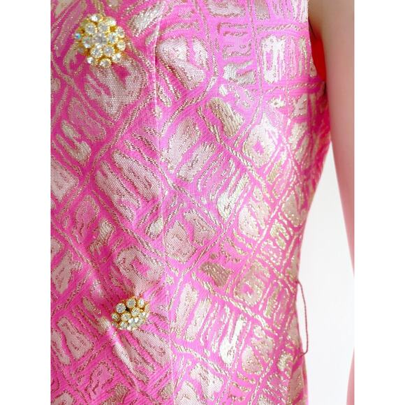 Richard Kaplan 1960s Pink Gold Metallic Thread Belted Vintage Shift Dress Sz 10 - Picture 11 of 16